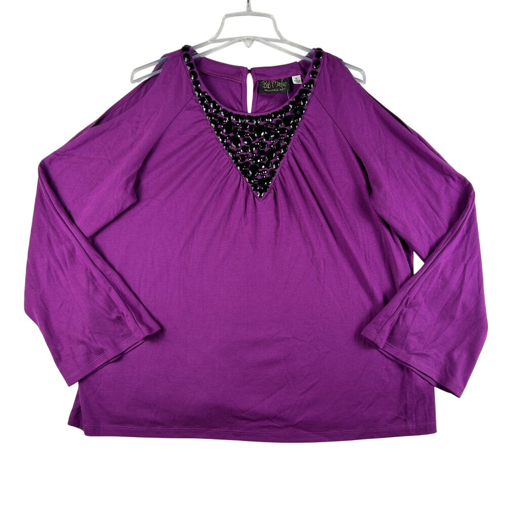 Bob Mackie Wearable Art Blouse Womens XL Purple Cold Shoulder Beaded Jersey Top
